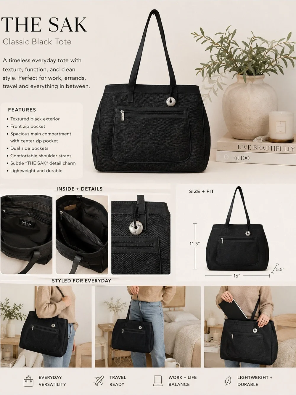 The Sak Black Textured Tote Bag Large Shoulder Purse Work Travel Organizer
